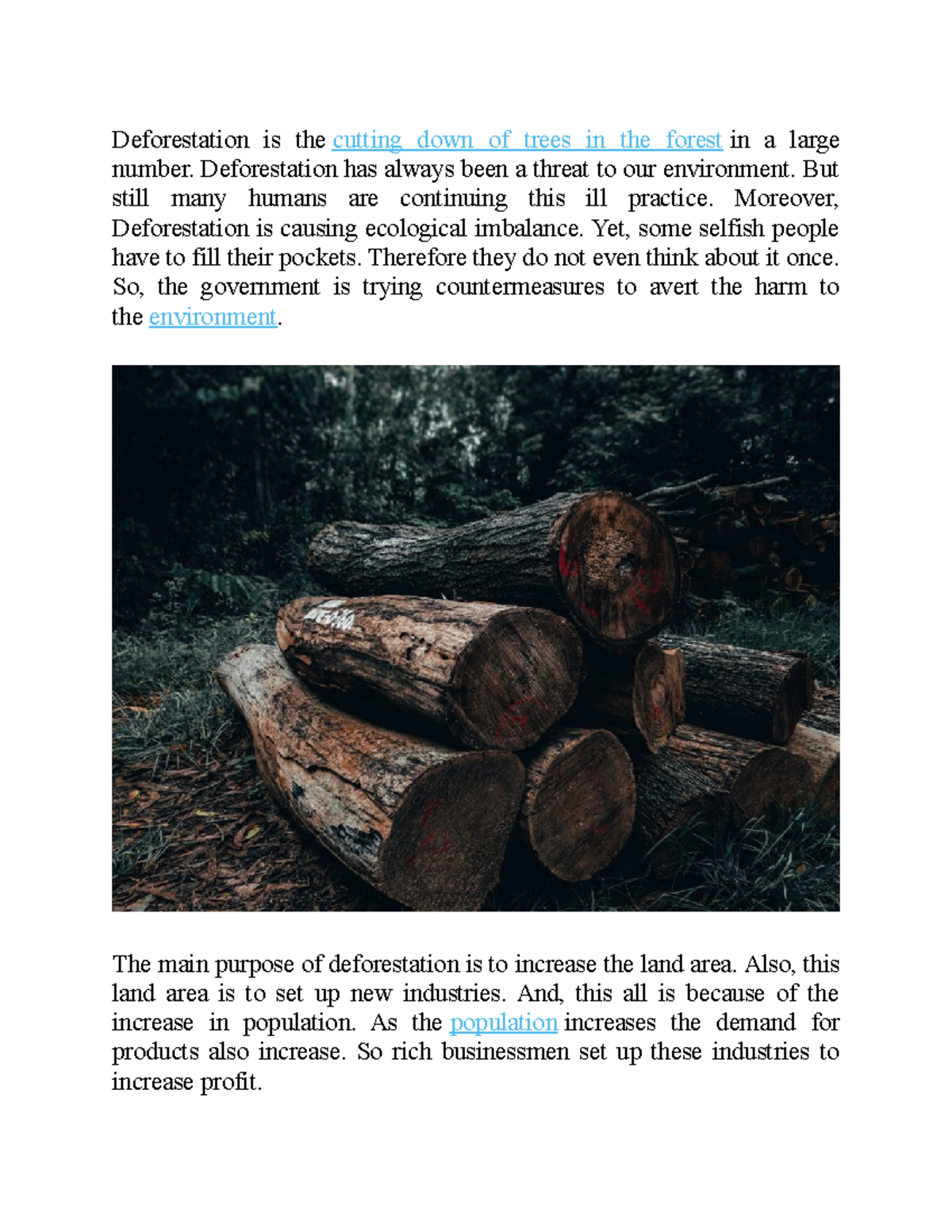 First QUIZ Important Deforestation is the cutting down of trees in
