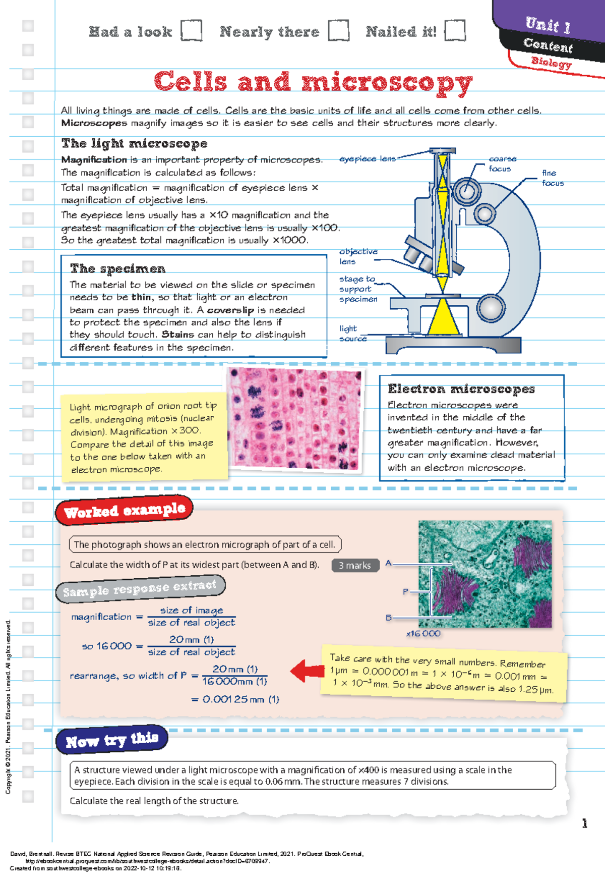 Unit 1 Revision Guide - 1 Biology Cells and microscopy All living ...