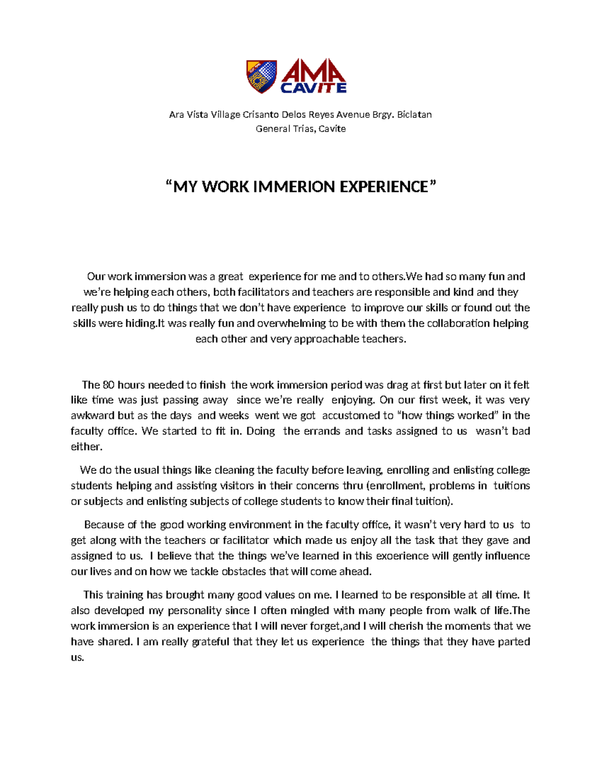 Immersion essay drqtwt Ara Vista Village Crisanto Delos Reyes