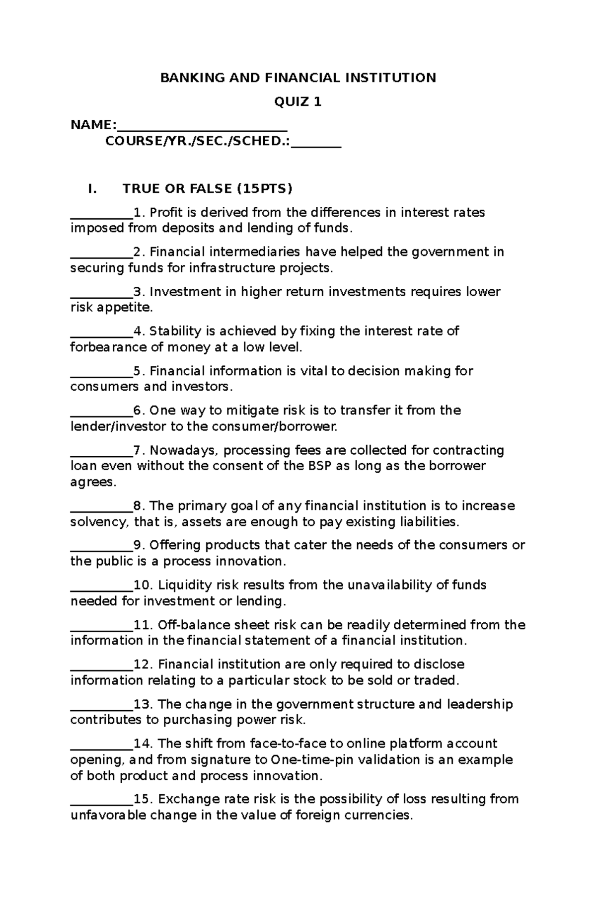 Quiz1 Banking & FI Quiz on introductory part of Baning and Financial