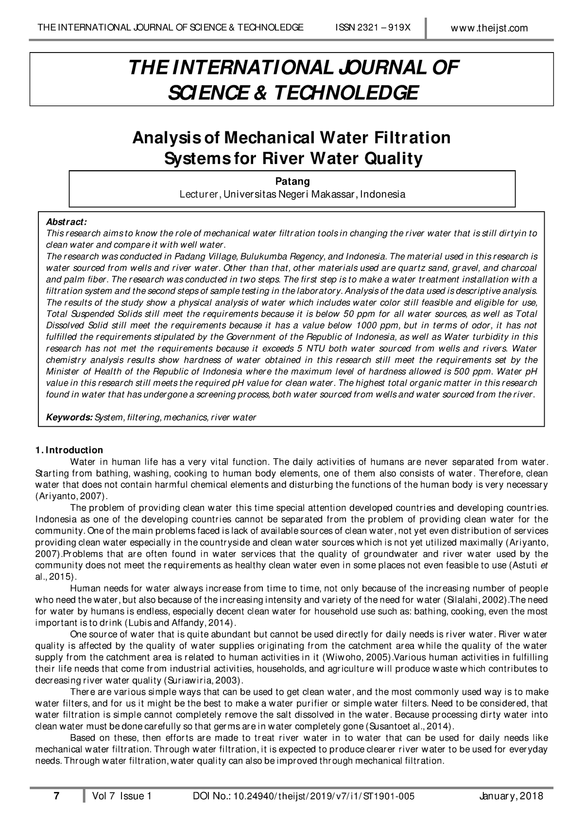 water filtration research paper pdf