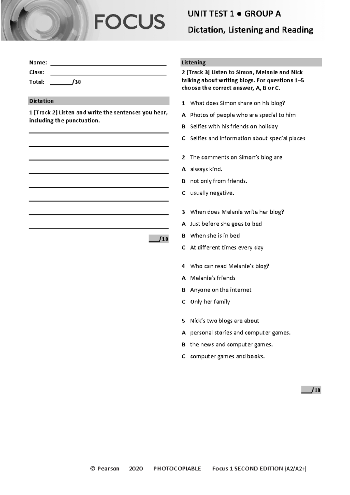 Focus 1 2E Unit Test Dictation Listening Reading Unit1 Group A ...