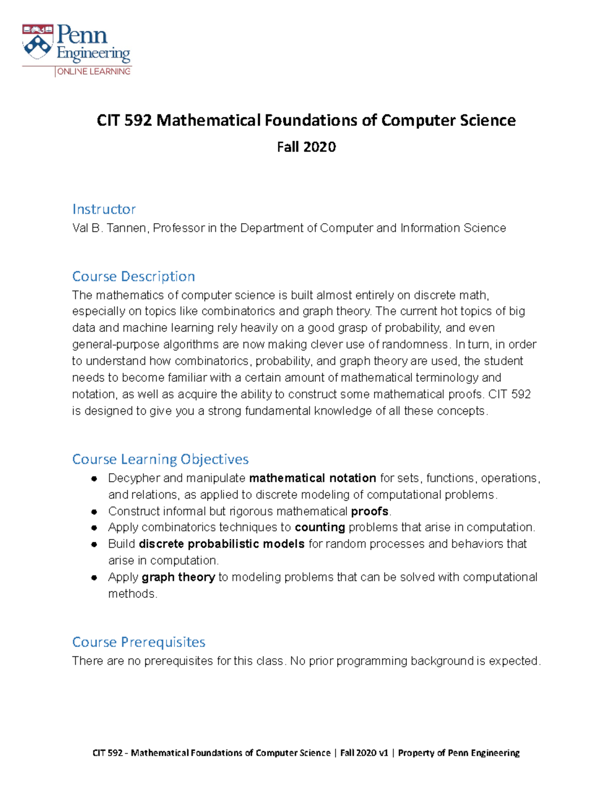 CIT 592 Syllabus Fall 2020 8 26 2020 - CIT 592 Mathematical Foundations ...