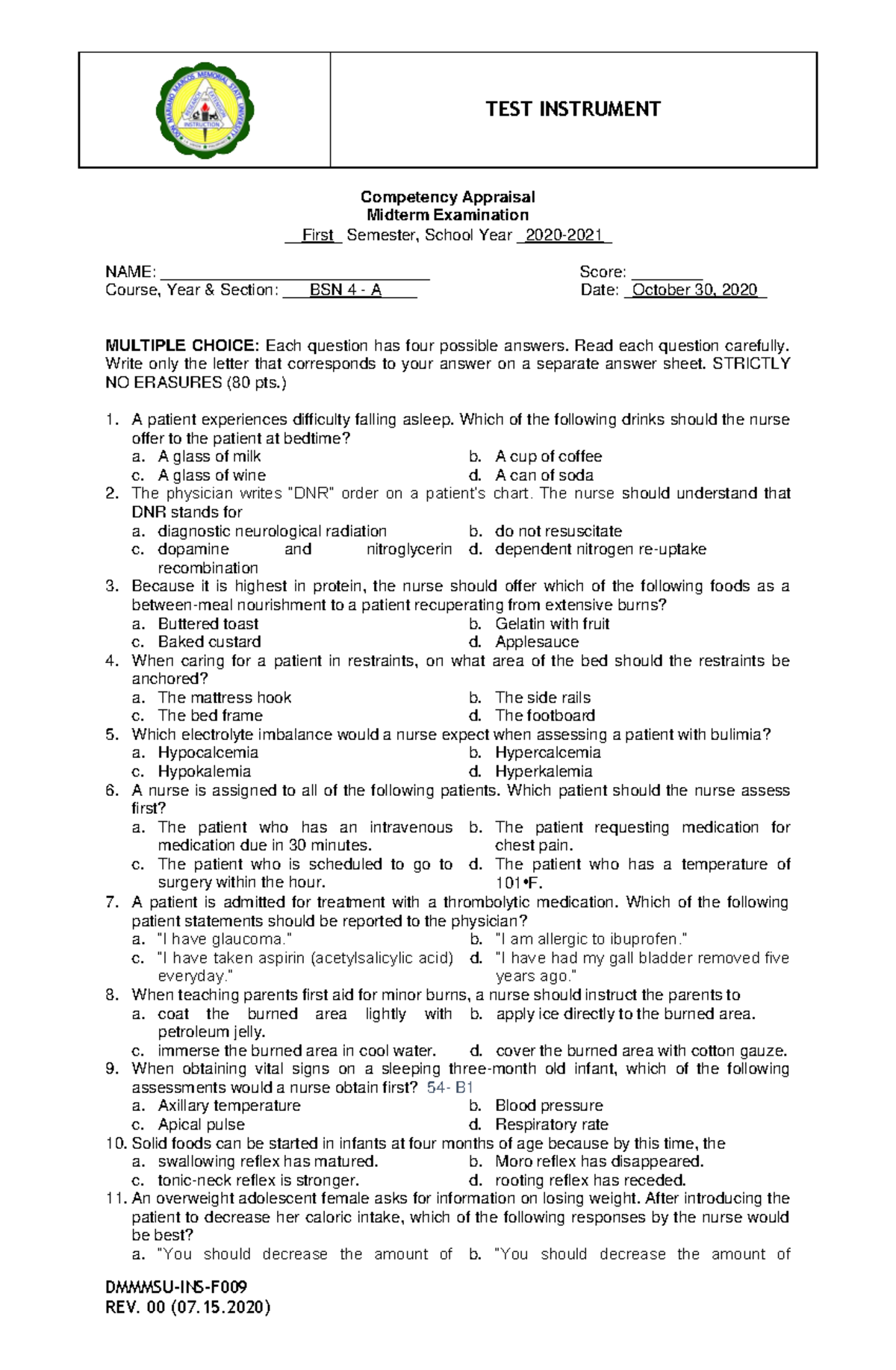 29 CA - 29 CA - DMMMSU-INS-F Competency Appraisal Midterm Examination ...