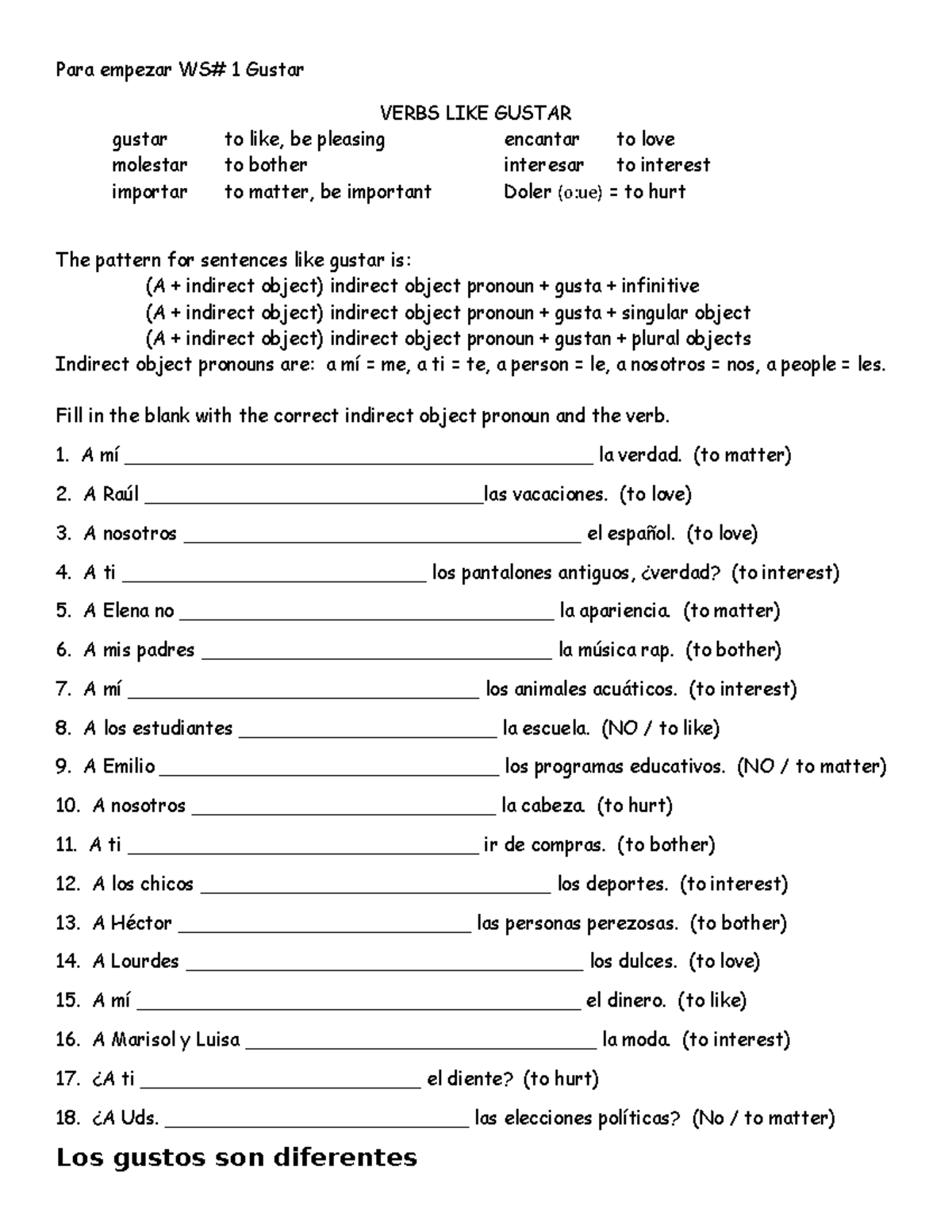 Gustar ws and hw 1-7 - spanish class notes - Para empezar WS# 1 Gustar ...