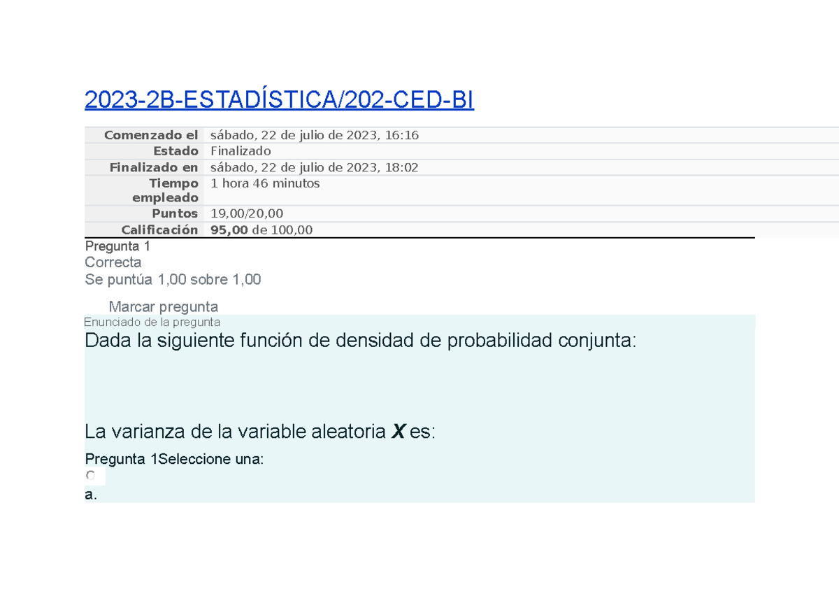 Examen Estadistica - 2023-2B-ESTADÍSTICA/202-CED-BI Comenzado El Sábado ...