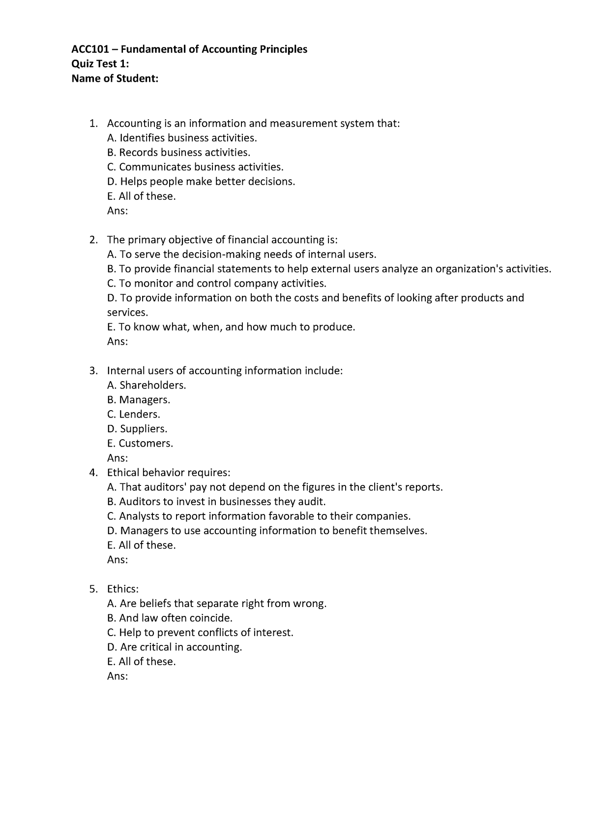 ACC101 - Quiz Test 1 (st) - ACC101 – Fundamental Of Accounting ...