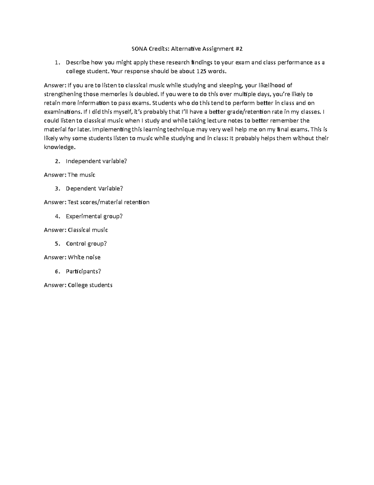 Psych 1000 SONA Credits Assignment 2 SONA Credits Alternative