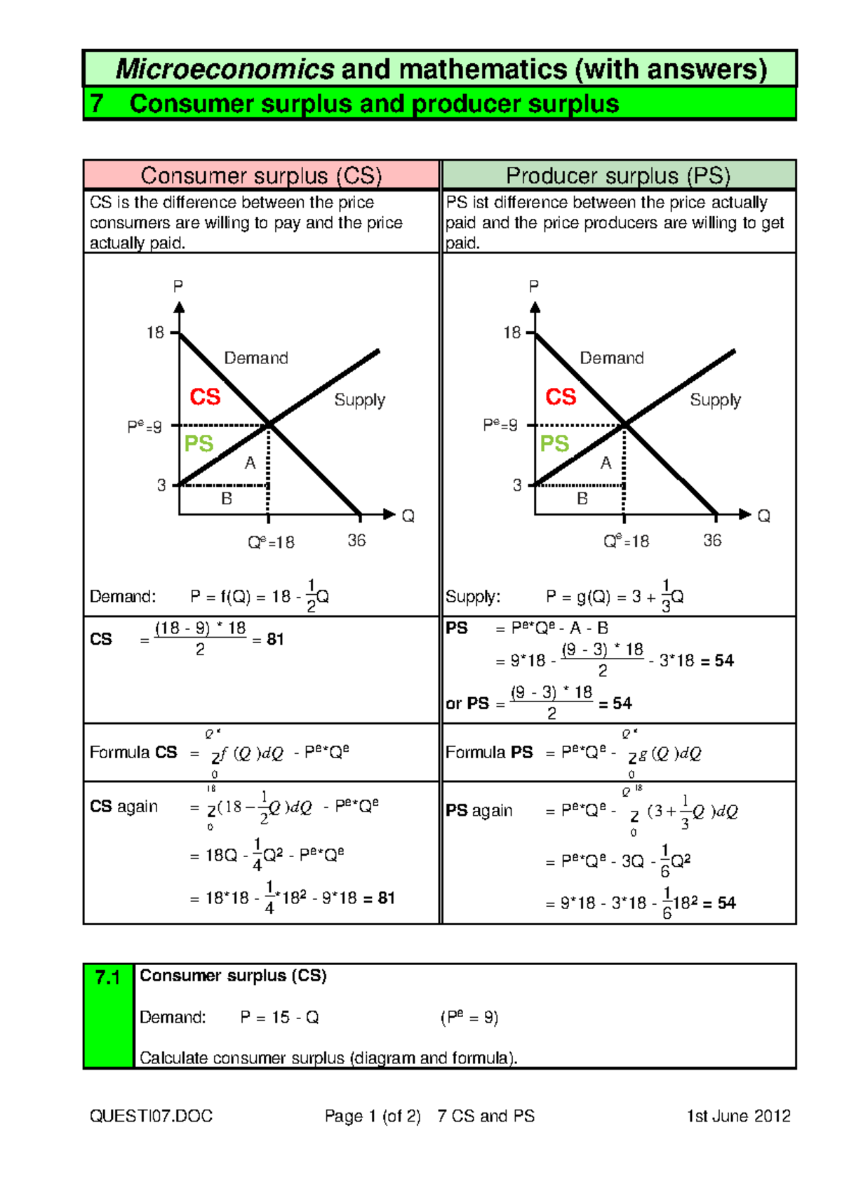 Micmath 7 answeers - Microeconomics and mathematics (with answers) 7 ...