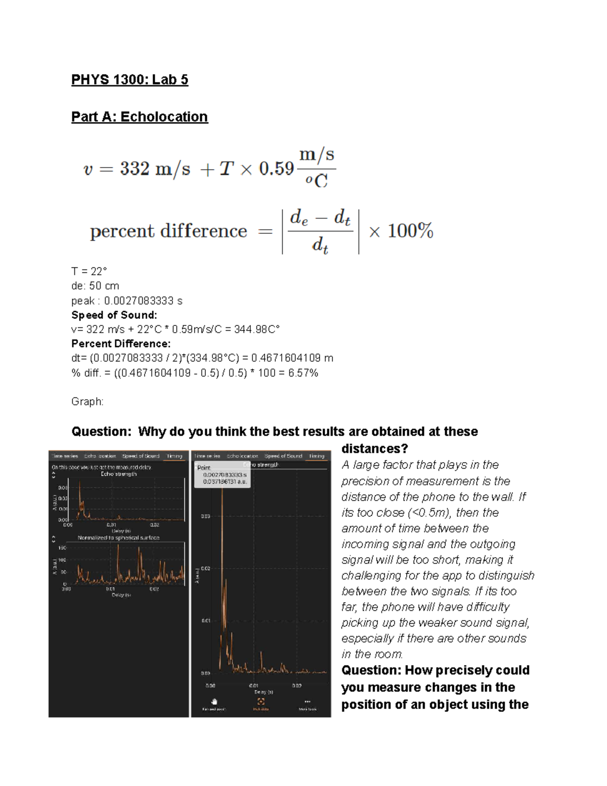 PHYS 1300 Lab 5 - PHYS 1300: Lab 5 Part A: Echolocation T = 22° de: 50 ...