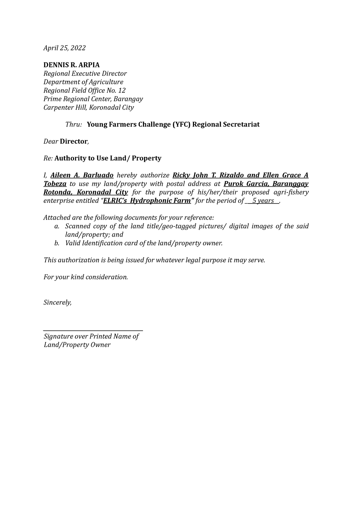 Authority to use land - April 25, 2022 DENNIS R. ARPIA Regional ...