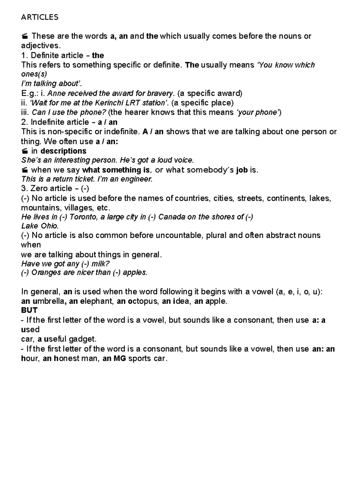 articles articles - ARTICLES These are the words a, an and the which ...