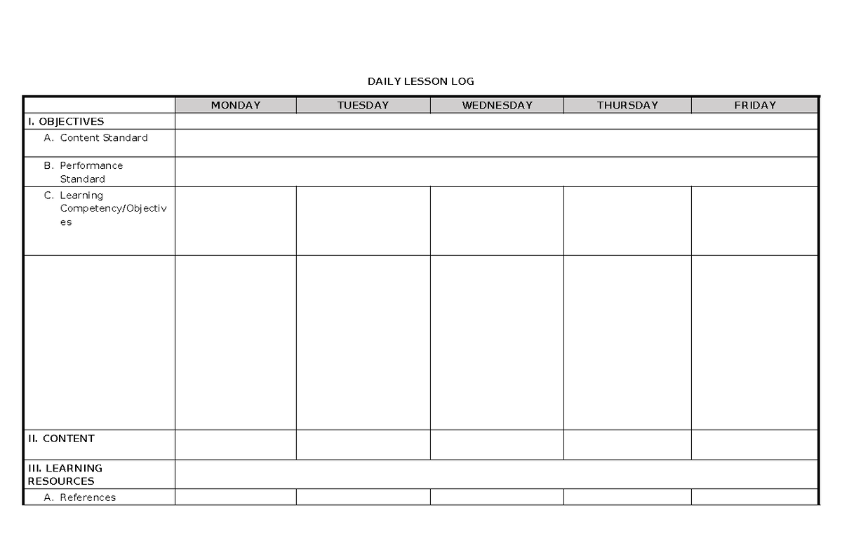 Blank DLL - DAILY LESSON LOG MONDAY TUESDAY WEDNESDAY THURSDAY FRIDAY I ...