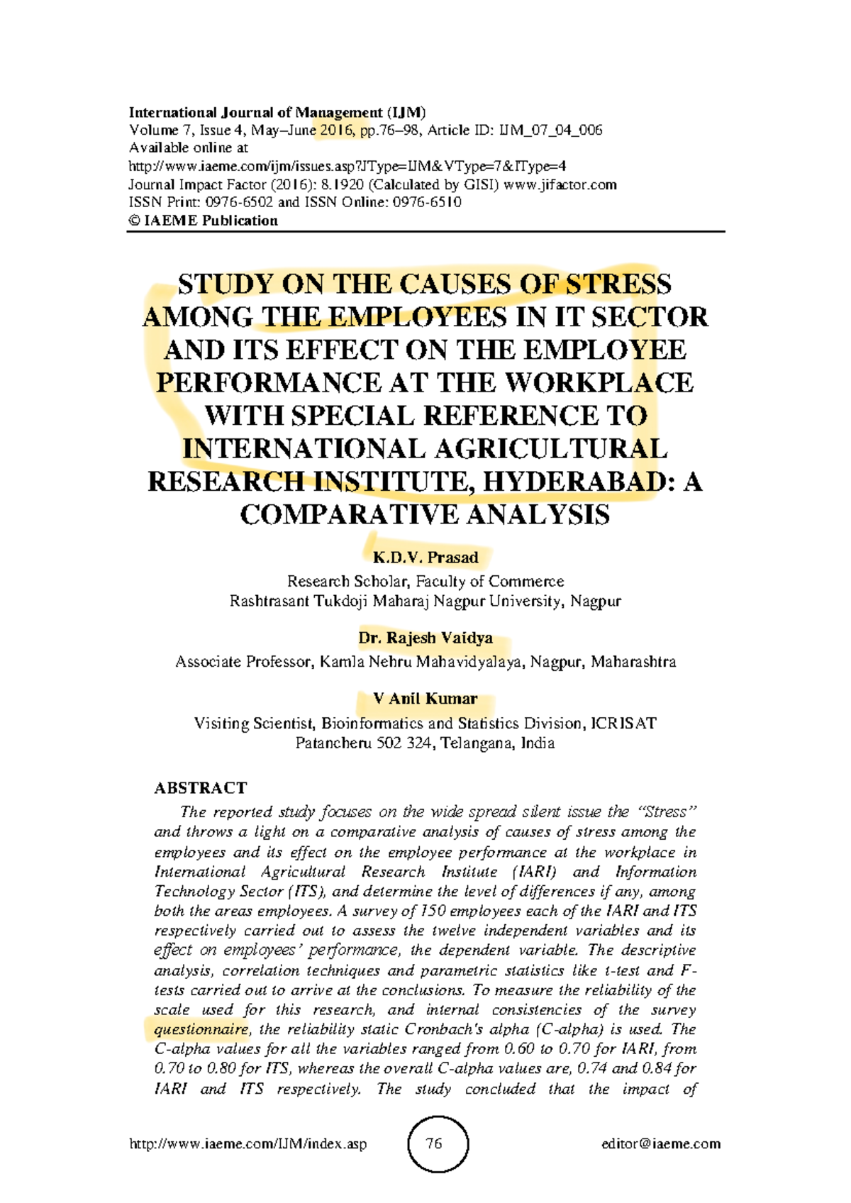Study ON THE Causes OF Stress Among THE - International Journal of ...