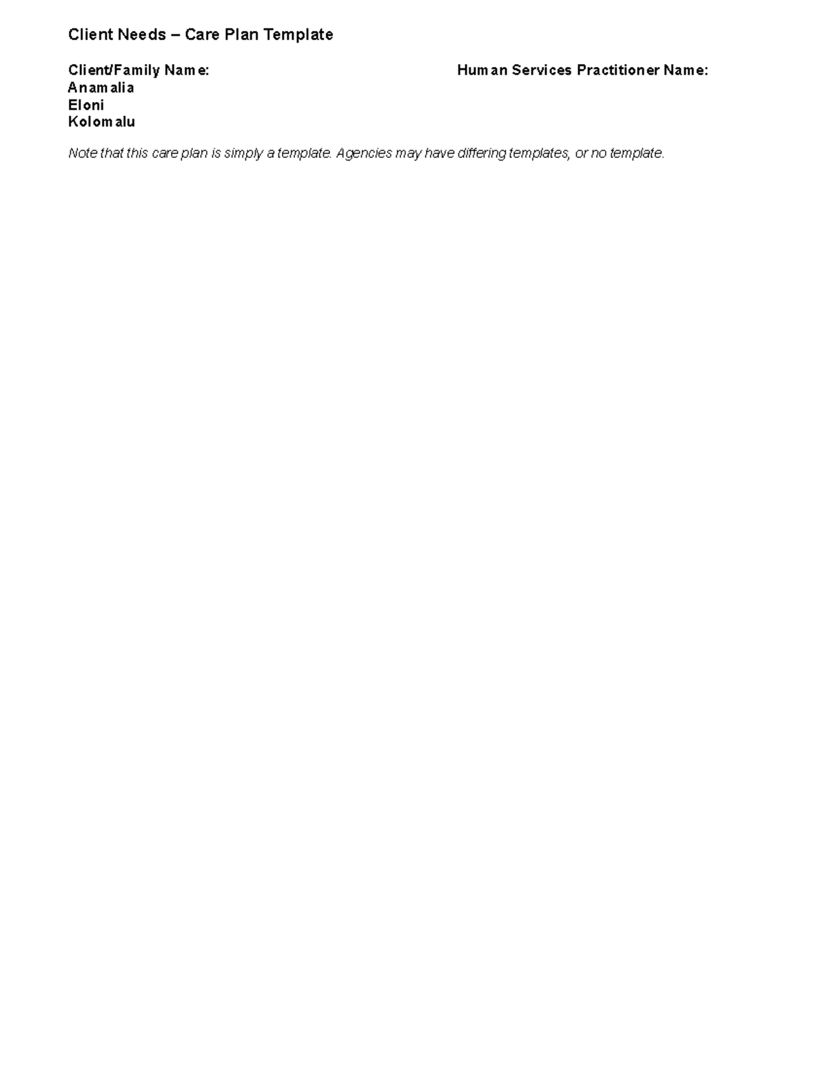 HSE 315 Client Needs Care Plan Template - Client Needs – Care Plan ...