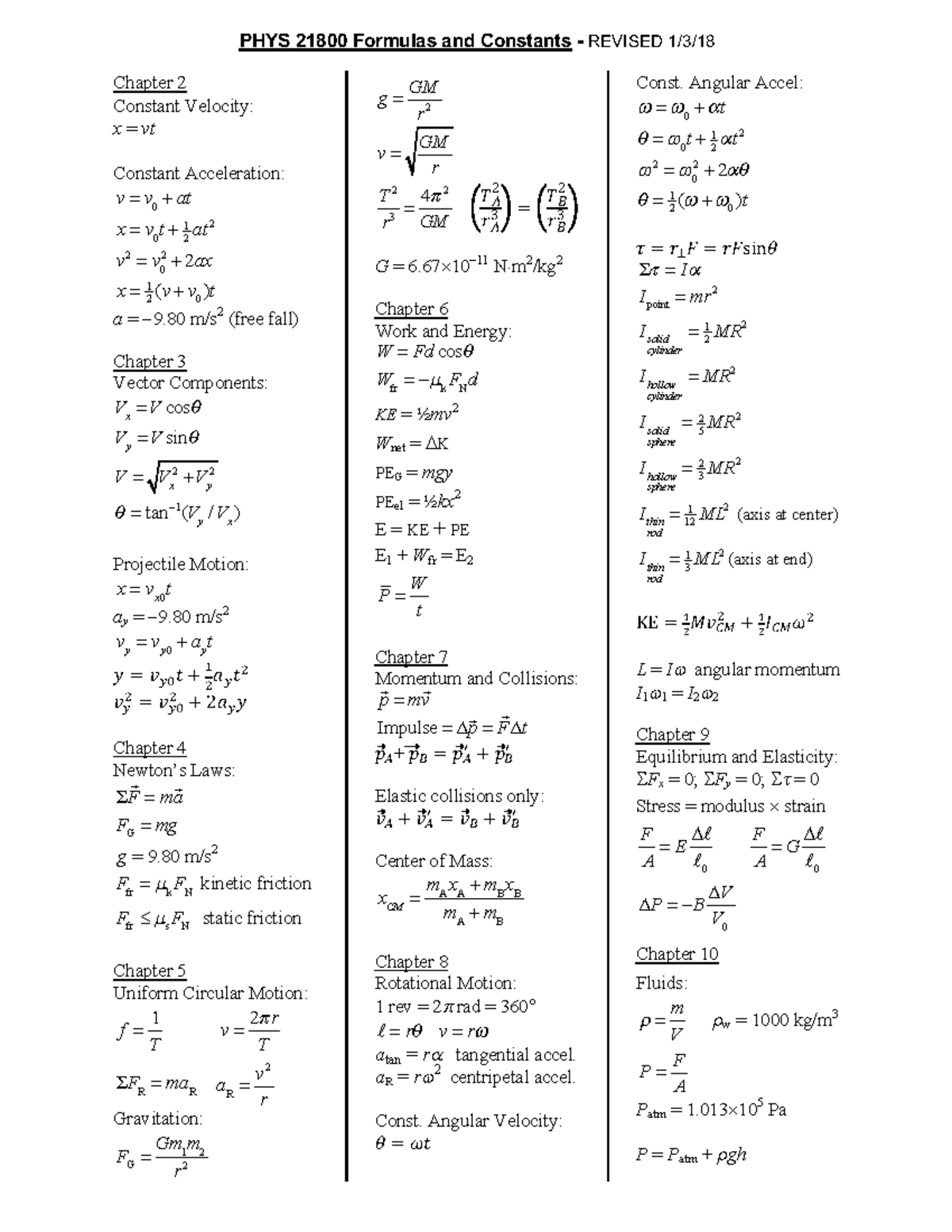 218formulas - PHYS 21800 Formulas and Constants - REVISED 1/3/18 ...