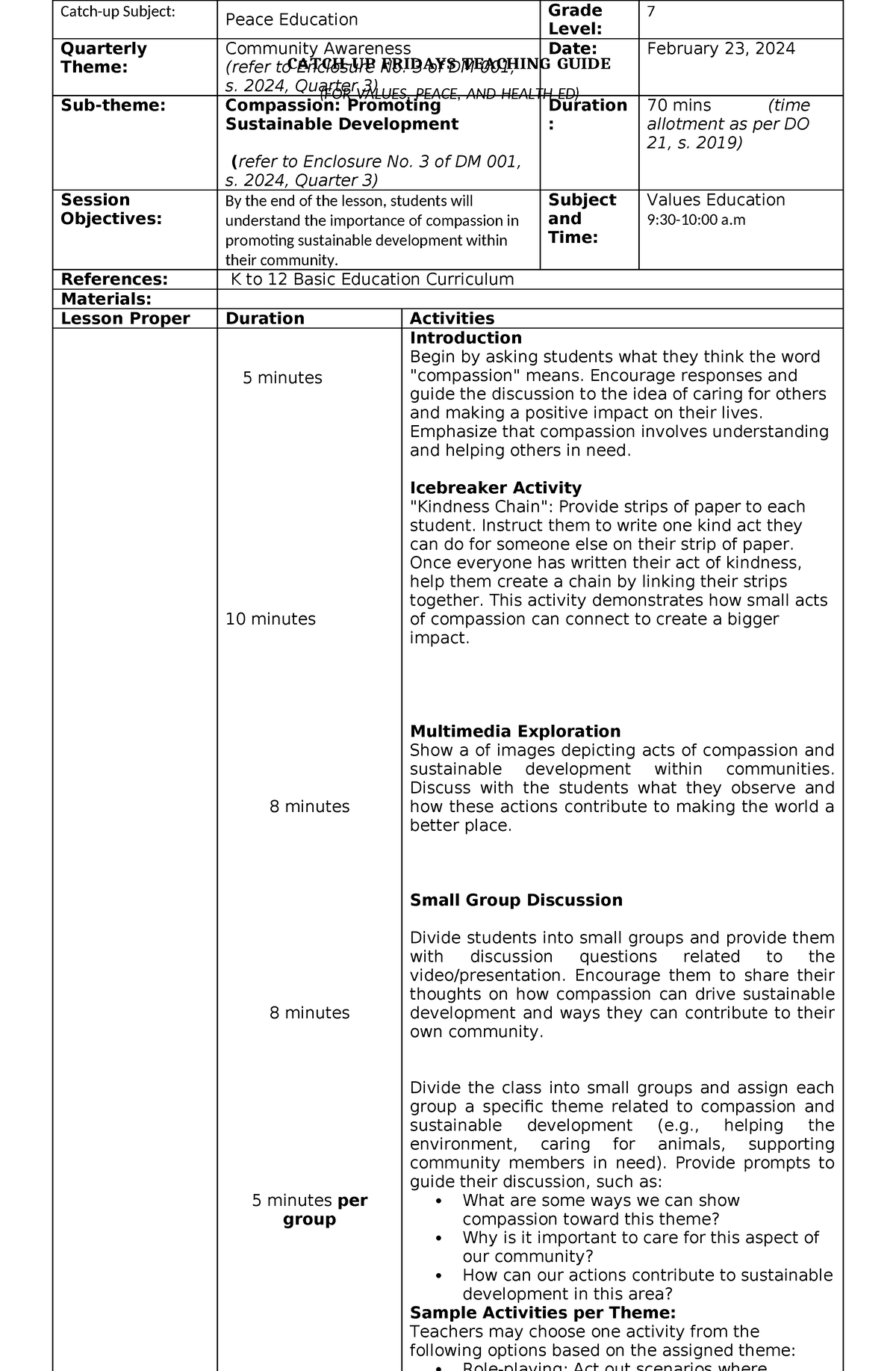 Grade 7-peace And Val Ed Catch-up Plan - Copy - Catch-up Fridays 