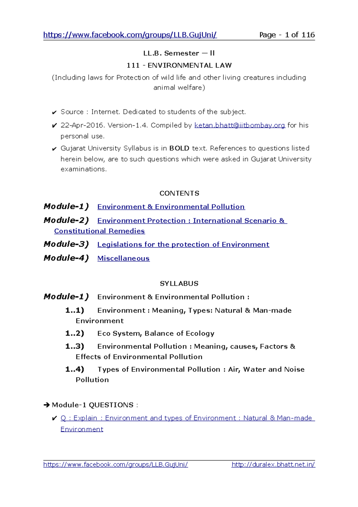 environmental law - LL. Semester — ll 111 - ENVIRONMENTAL LAW ...