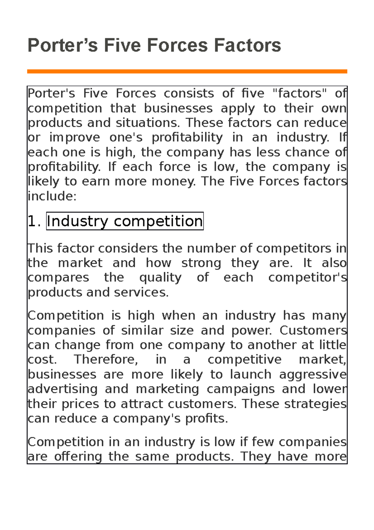 Porter's Five Forces 2 - Porter’s Five Forces Factors Porter's Five ...