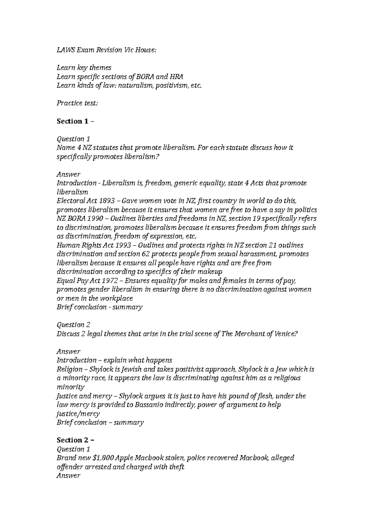 LAWS Exam Revision Vic House Practice test Section 1 Question 1 Name