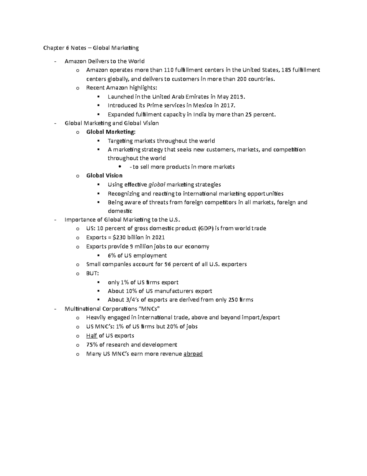 MKTG 300 - Chapter 6 Notes - Chapter 6 Notes – Global Marketing Amazon ...