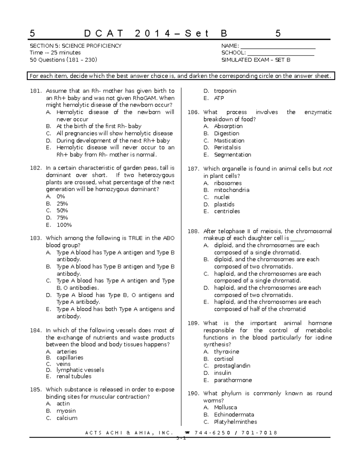 DCAT2014 Simulated SET B Section 5 Science Proficiency v.6 SECTION 5