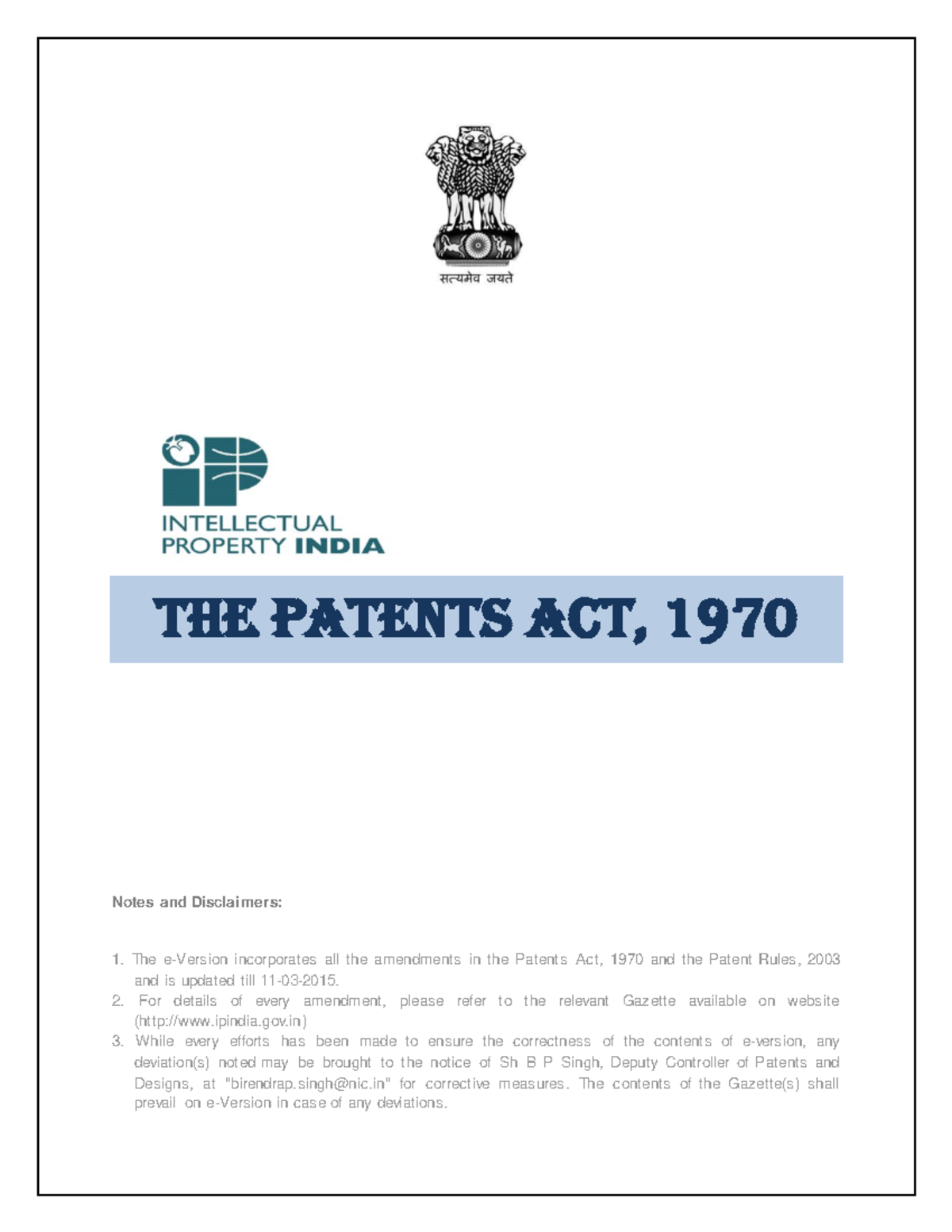 Patent act1970 notes Notes and Disclaimers 2. For details of