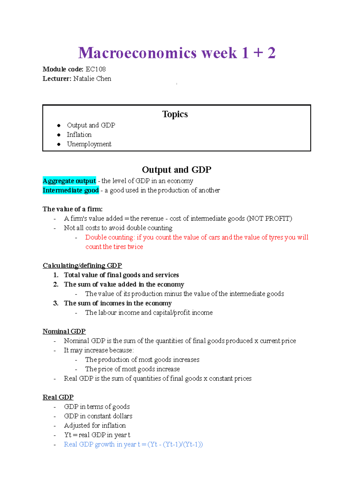 Ec108 week 1 + 2 lecture ntoes - Macroeconomics week 1 + 2 Module code ...