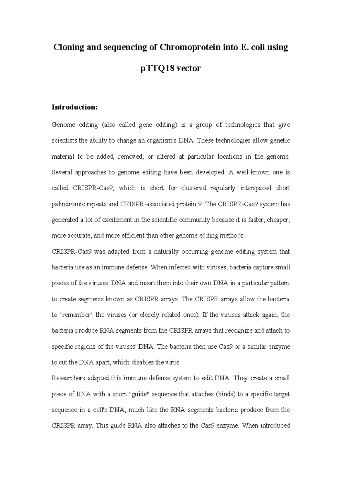 Gene editing of E.coli using PTTQ18 vector - Cloning and sequencing of ...
