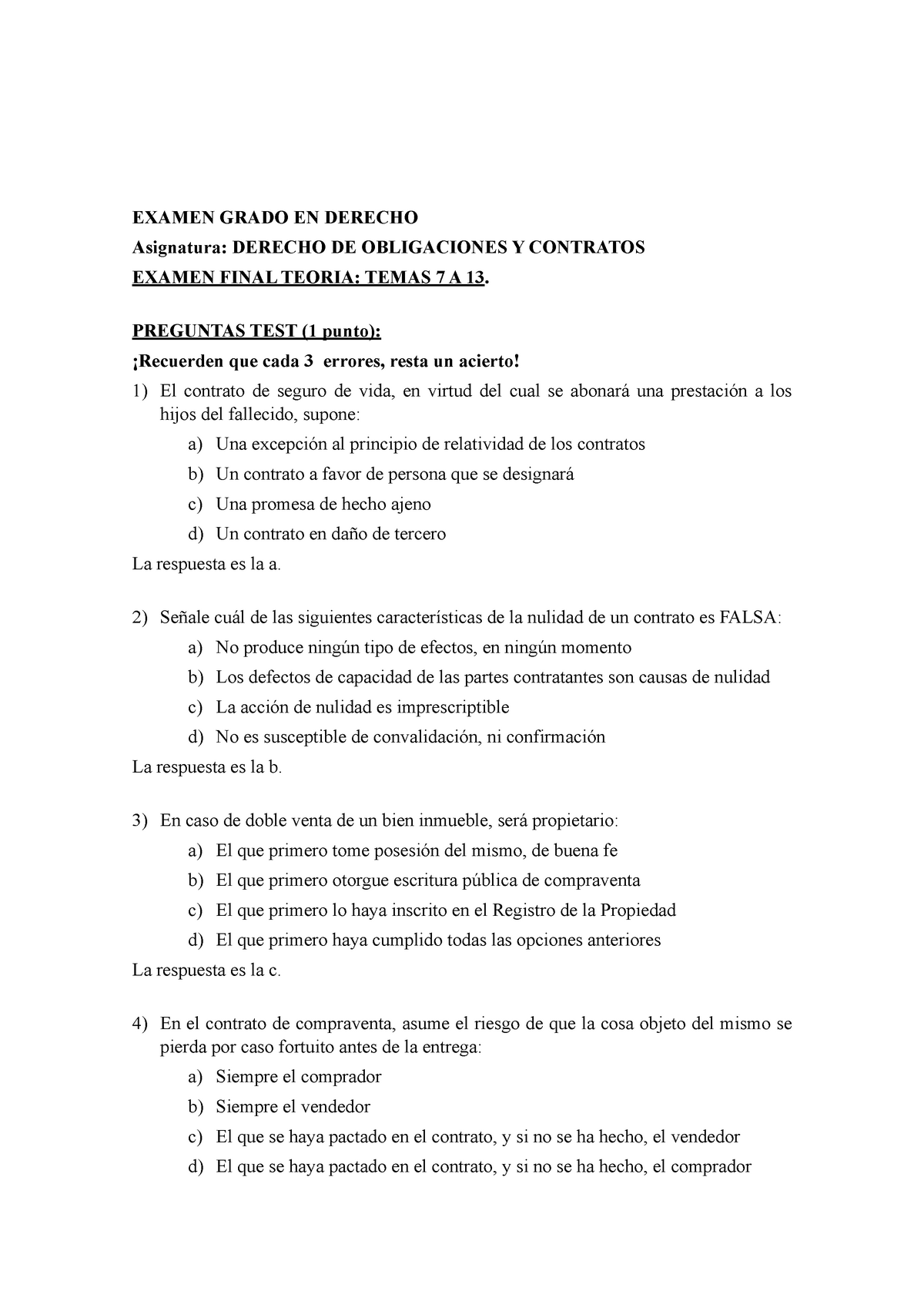 Examen Final Obligaciones Y Contratos Examen Grado En Derecho Asignatura Derecho De