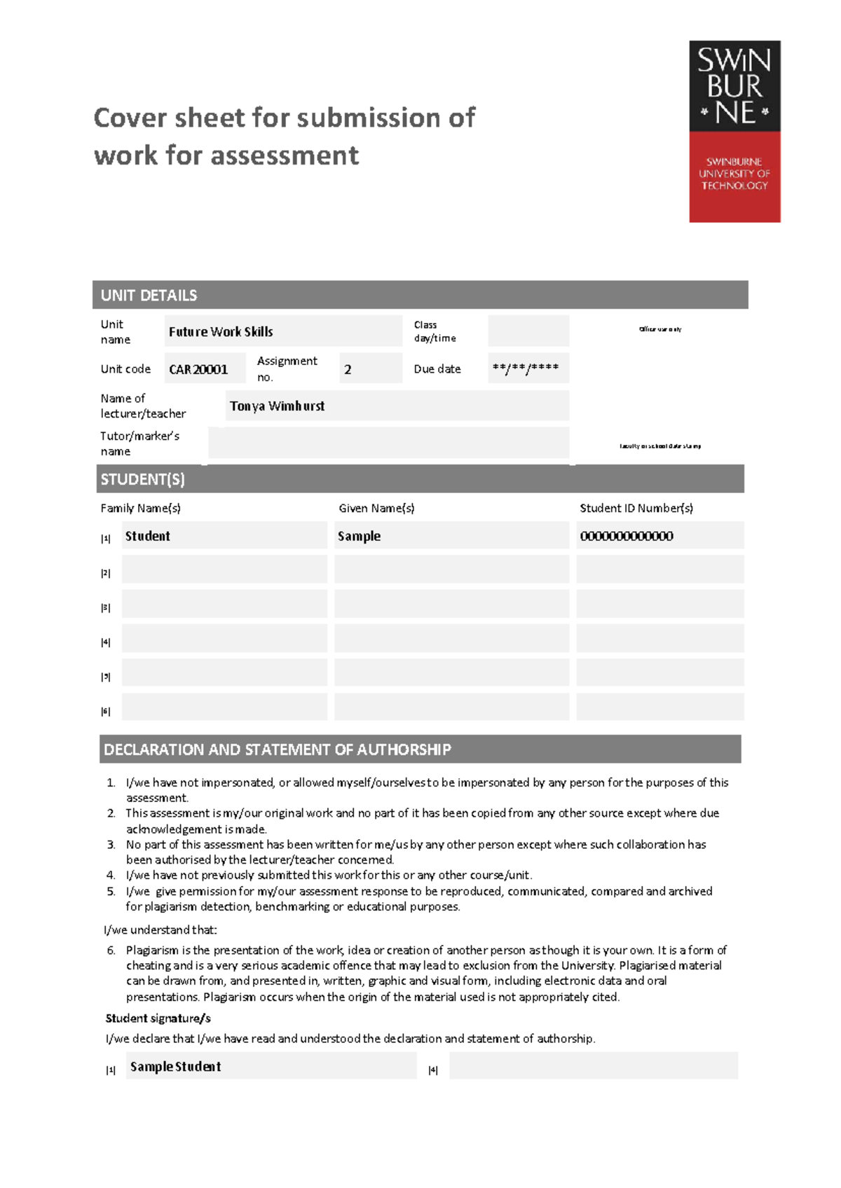 A2 Sample Employer 1 - assignment 2 example - Cover sheet for ...