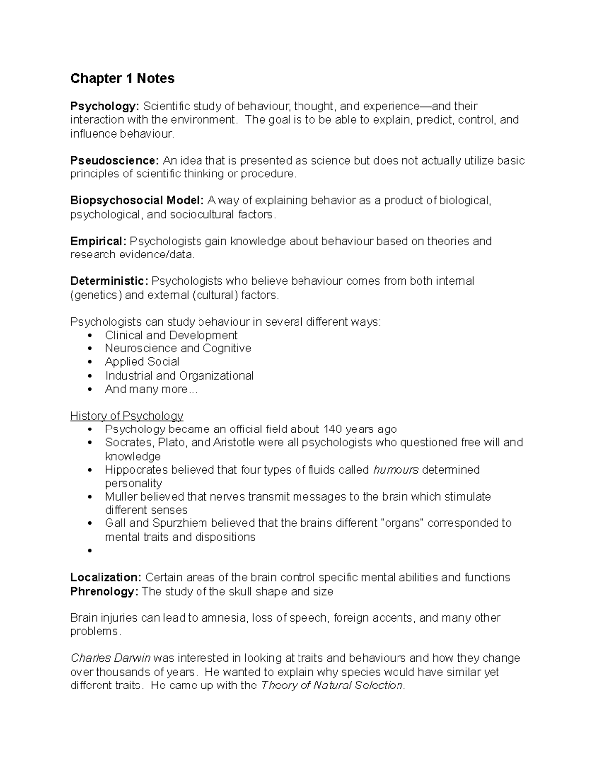 Chapter 1 Notes - Chapter 1 Notes Psychology: Scientific study of ...