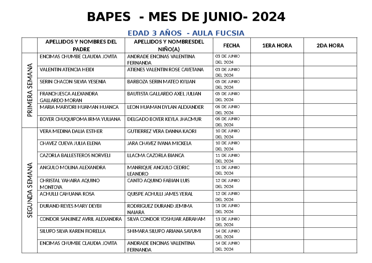 Formato DE Bapes - BAPES - MES DE JUNIO- 2024 EDAD 3 AÑOS - AULA FUCSIA ...