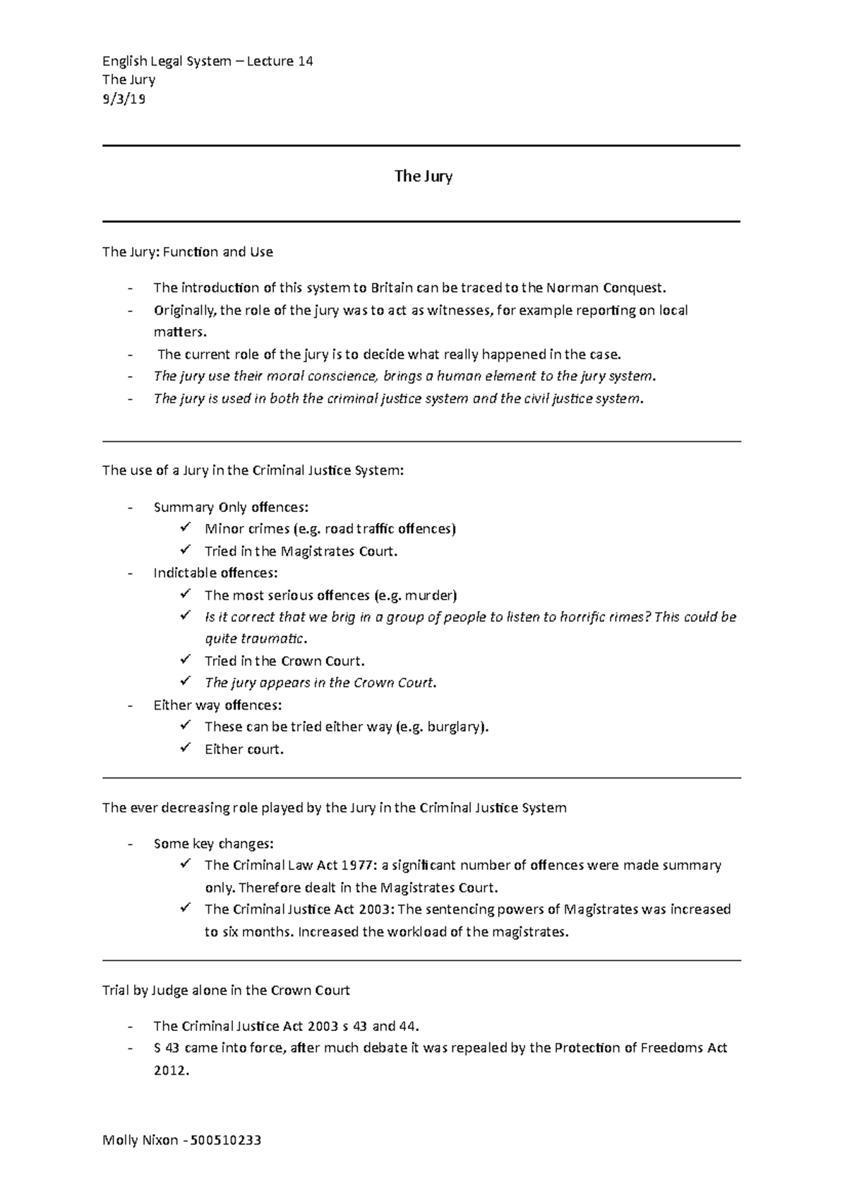 Legal System - L14 - Lecture notes 14 - The Jury 9/3/ - Studocu