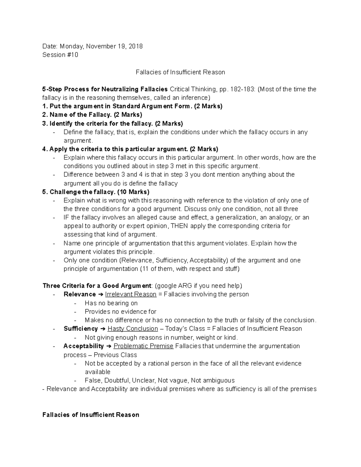 Session 10 Fallacies of Insufficient Reason - Date: Monday, November 19 ...