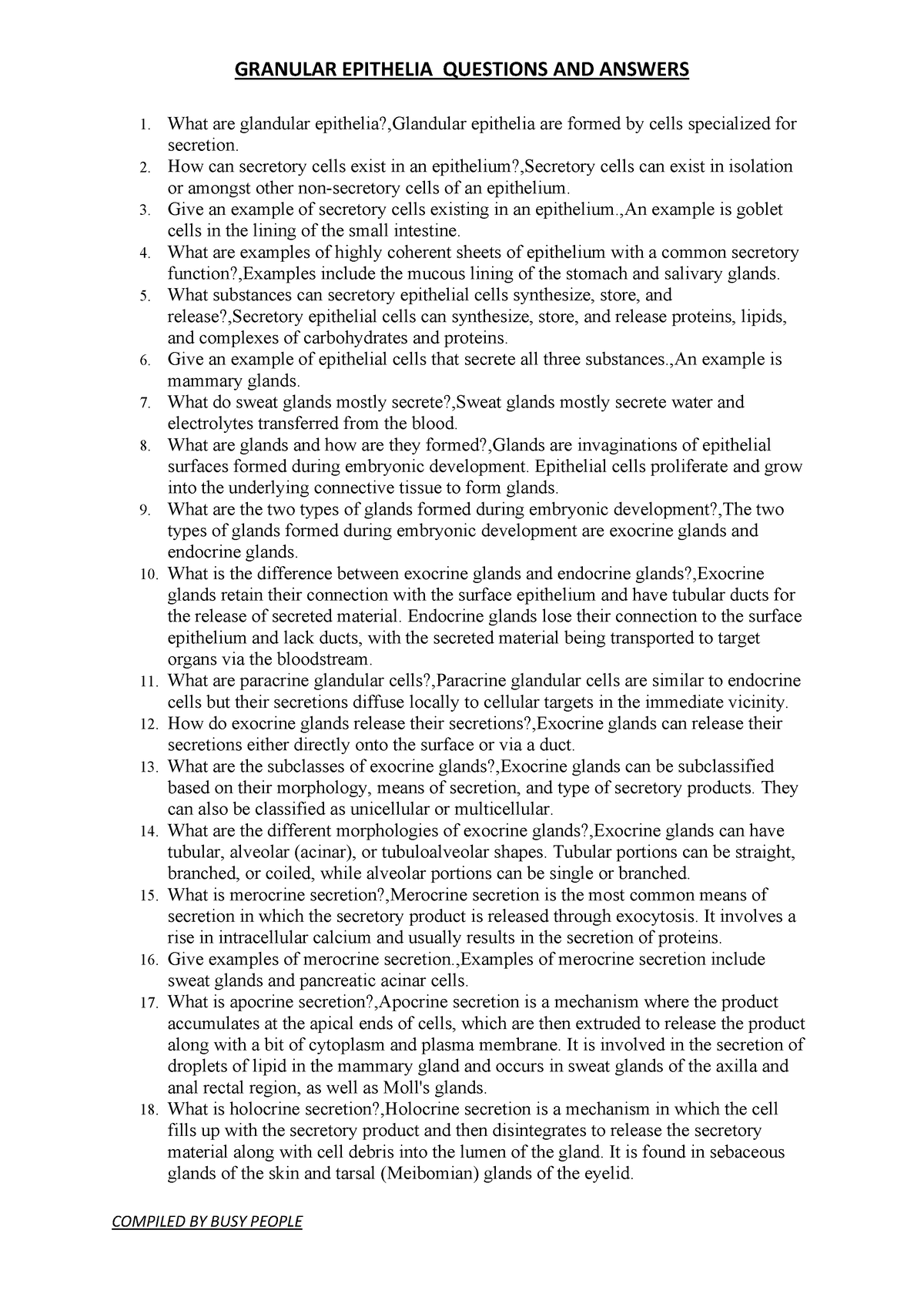 Granular Epithelia - Notes - GRANULAR EPITHELIA QUESTIONS AND ANSWERS ...