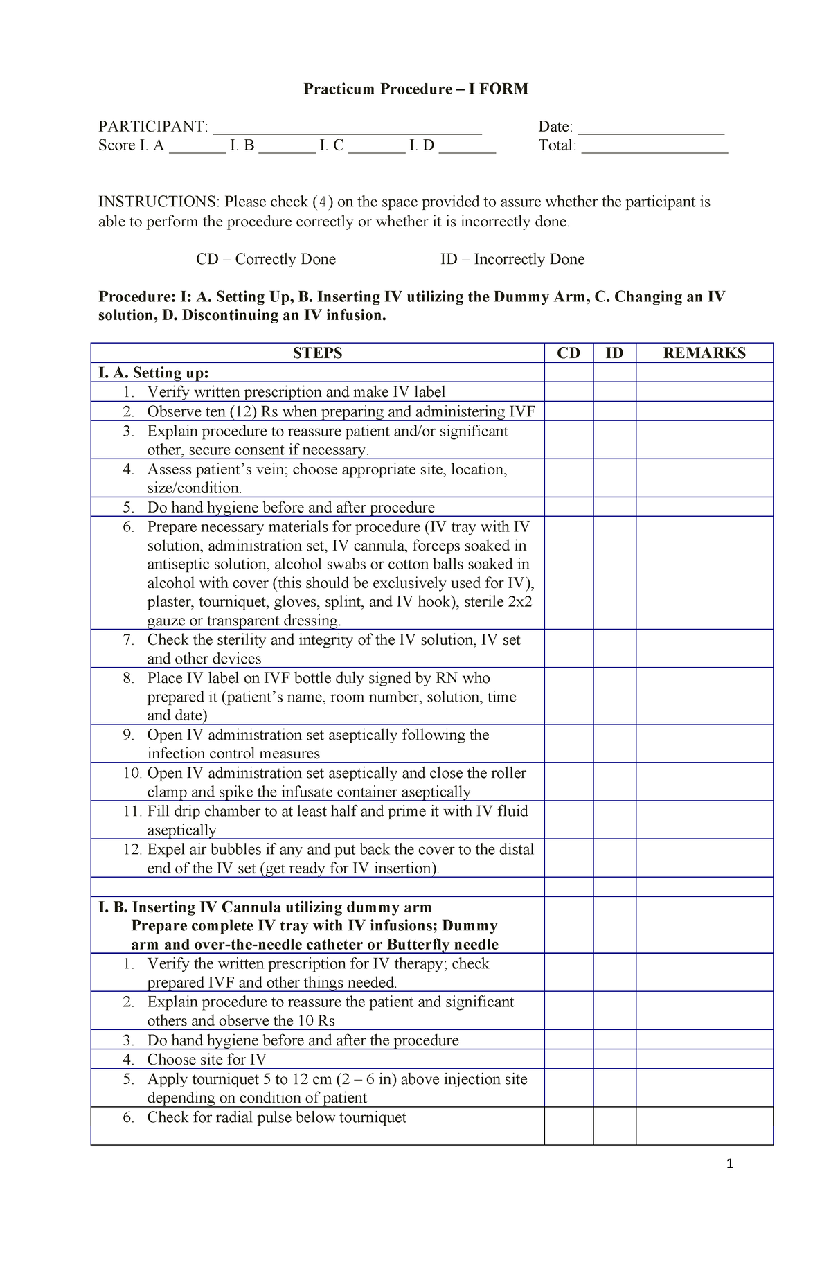 IV-Therapy-Checklist - Practicum Procedure – I FORM PARTICIPANT