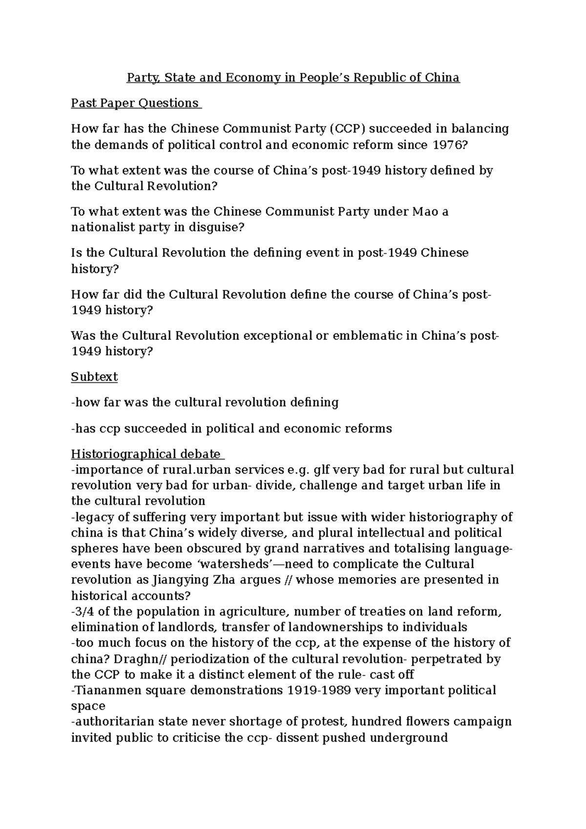 CCP revision document - Party, State and Economy in Republic of China ...
