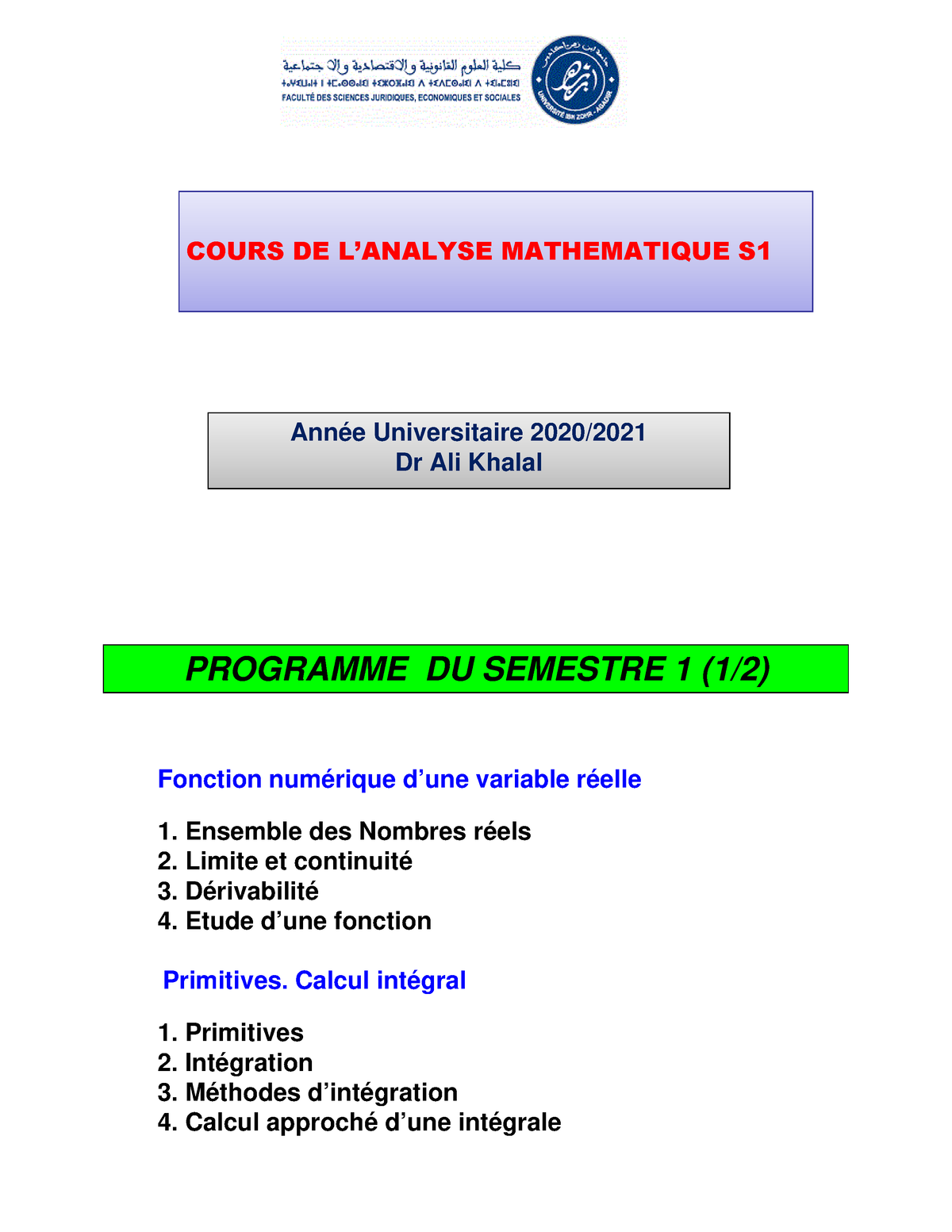 Cours DE L’ Analyse Mathematique S1 - Année Universitaire 2020/ Dr Ali ...