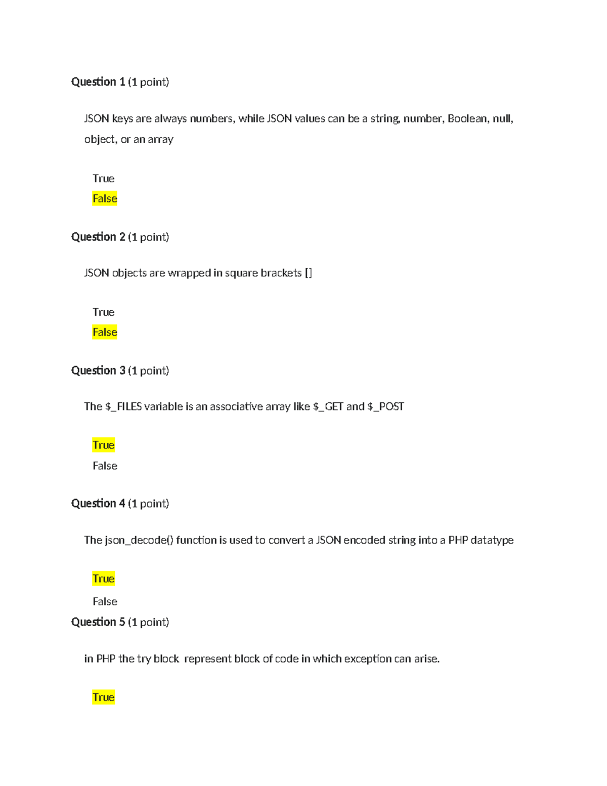 CST8285 Activity 10 - Question 1 (1 point) JSON keys are always numbers ...