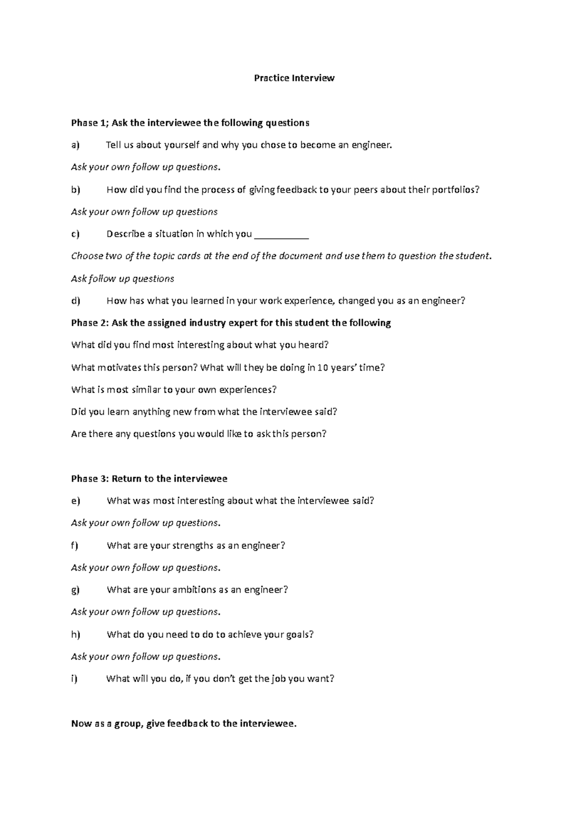 Practice Interview - LECTURE NOTES - Practice Interview Phase 1; Ask ...