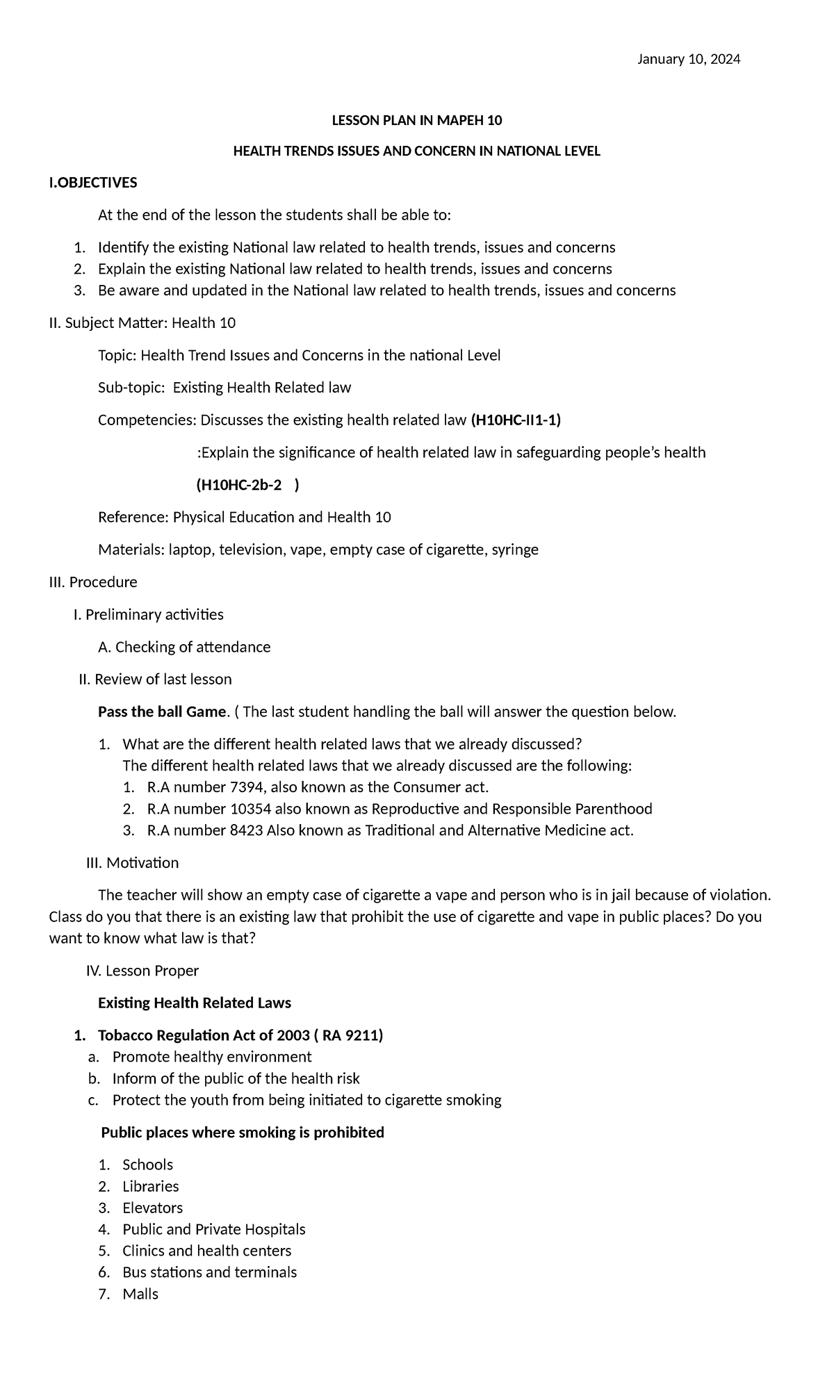 lesson plan cot - January 10, 2024 LESSON PLAN IN MAPEH 10 HEALTH ...