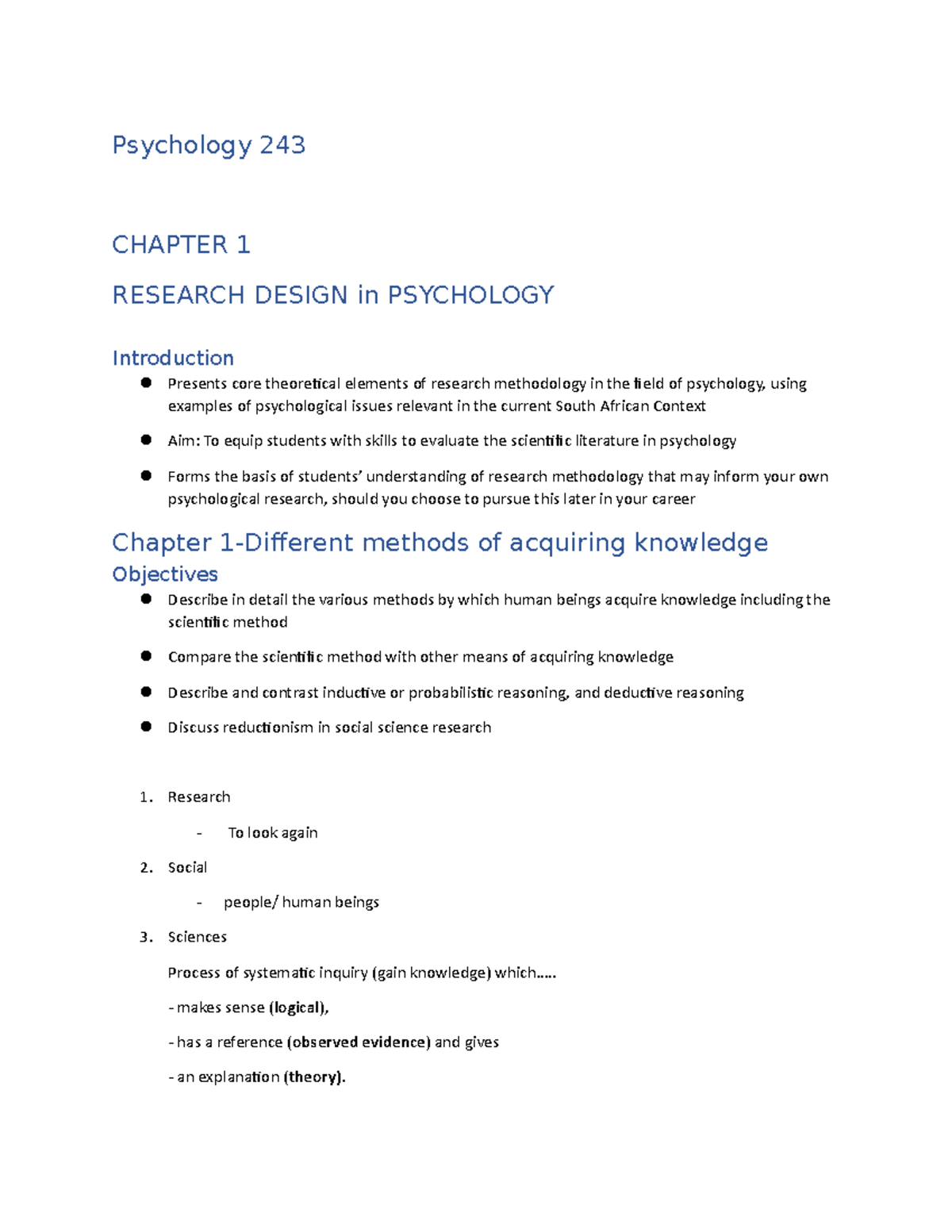 Psychology Notes 243 Psychology 243 CHAPTER 1 RESEARCH DESIGN In