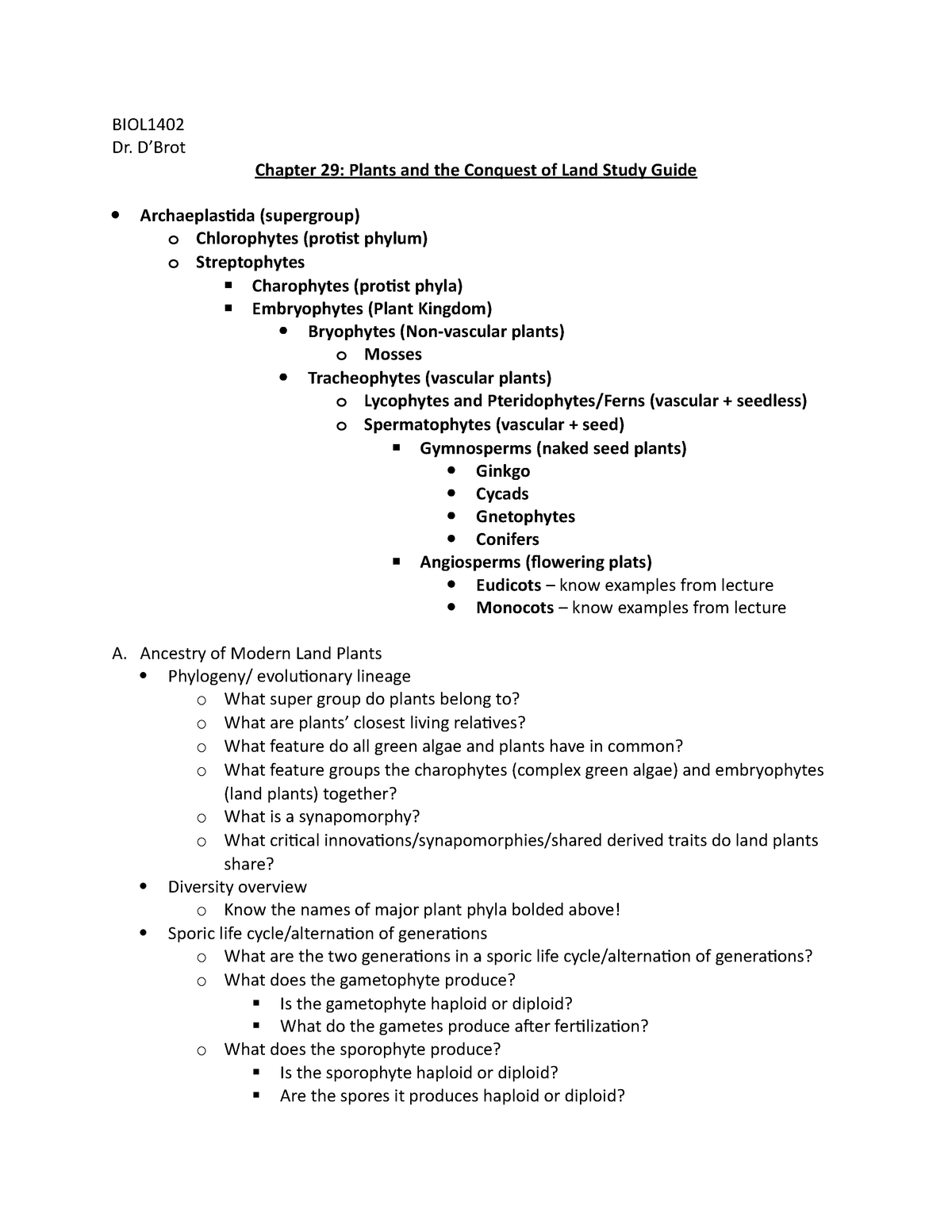 BIOL1402 Ch29 Study Guide - BIOL Dr. D’Brot Chapter 29: Plants And The ...