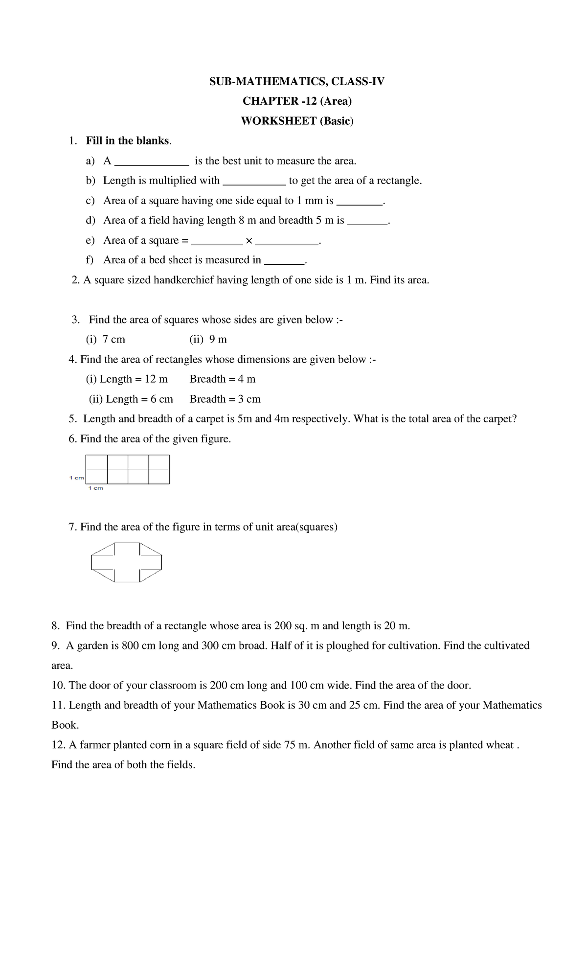 WS CH12 Area Basic - SUB-MATHEMATICS, CLASS-IV CHAPTER -12 (Area ...
