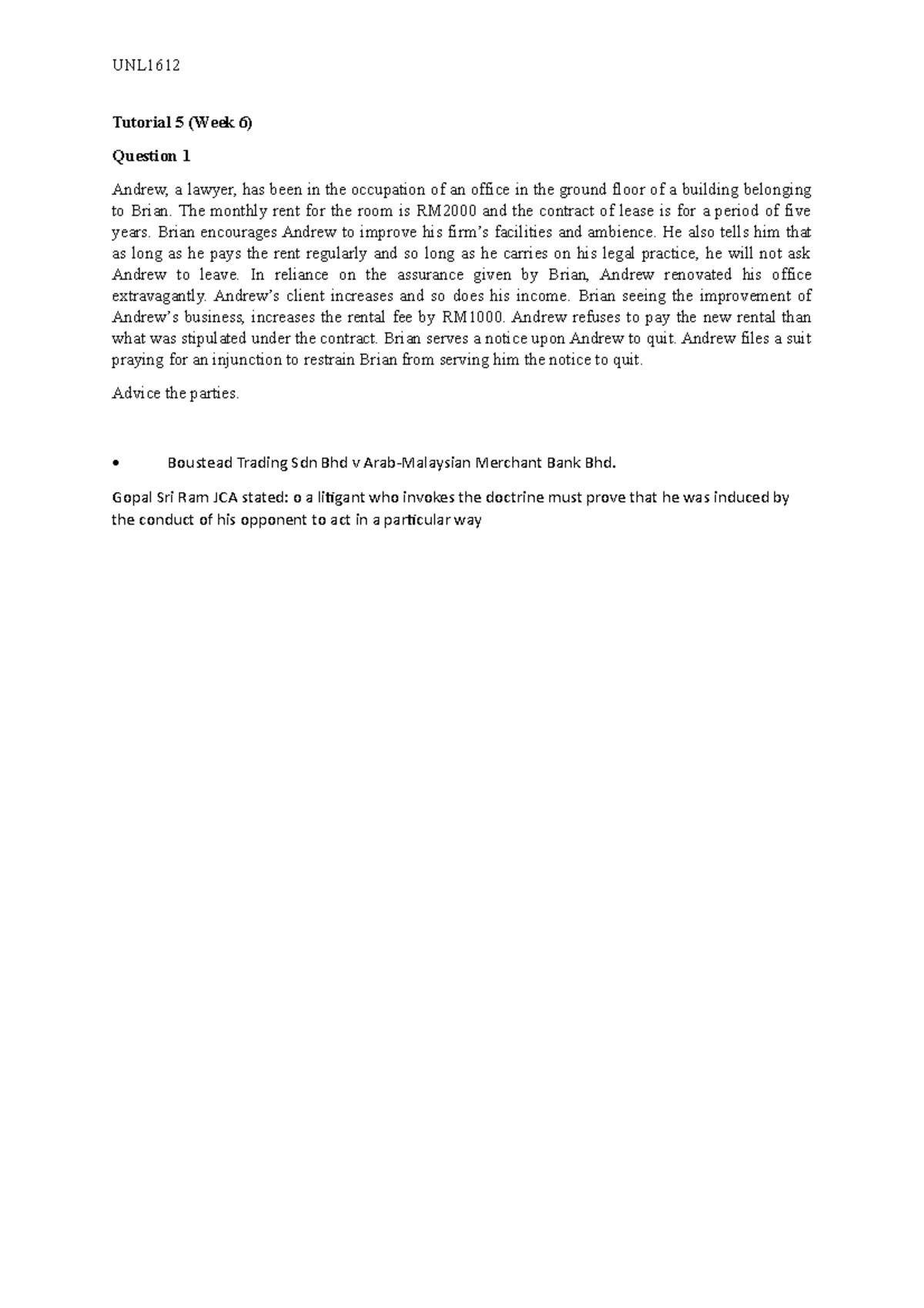 346202 Tutorial 5 Week 6 Contract Law Unl1612 Mmu Studocu