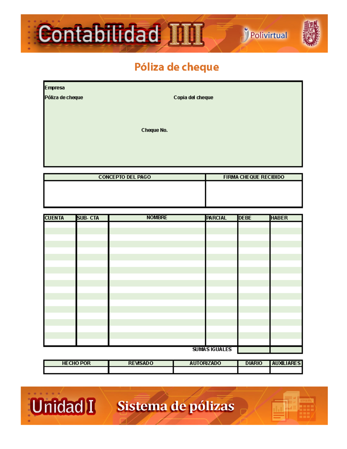Poliza de Cheque para Imprimir - Contabilidad de costos - Póliza de ...