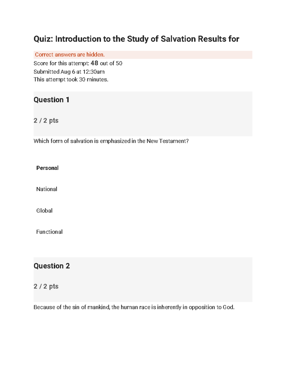 Quiz Introduction to the Study of Salvation Results - Score for this attempt: 48 out of 50 ...