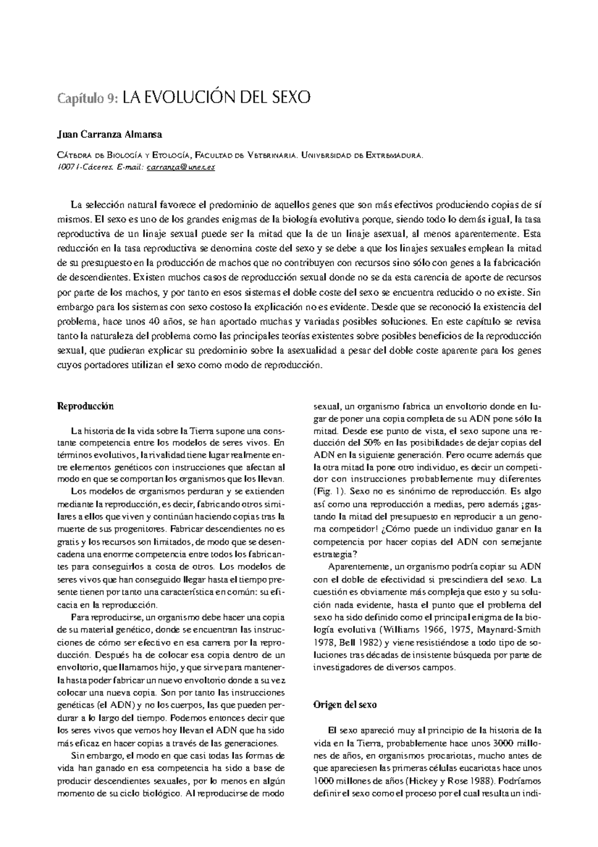 Evol Sex Evolución Del Sexo Capítulo 9 La EvoluciÓn Del Sexo Juan Carranza Almansa CÁtedra 9855