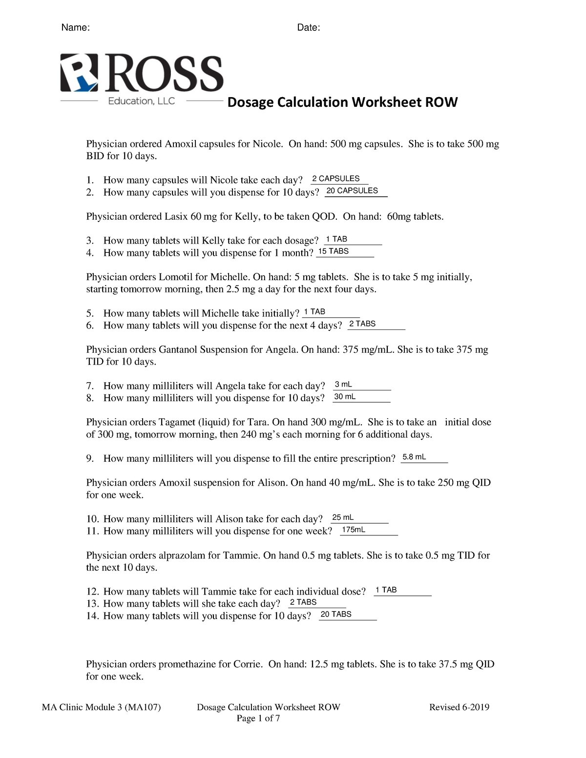 MA107 ROW 3 Dosage Calculation Worksheet Revised 6 2019 MA